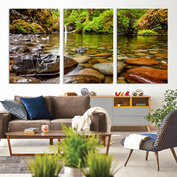 98096-MGV-CV-36X24-Serene River Waterfall Nature Photo – Calm Clear Water, Vibrant Green Forest and Smooth Stones Landscape Wall Art for Home or