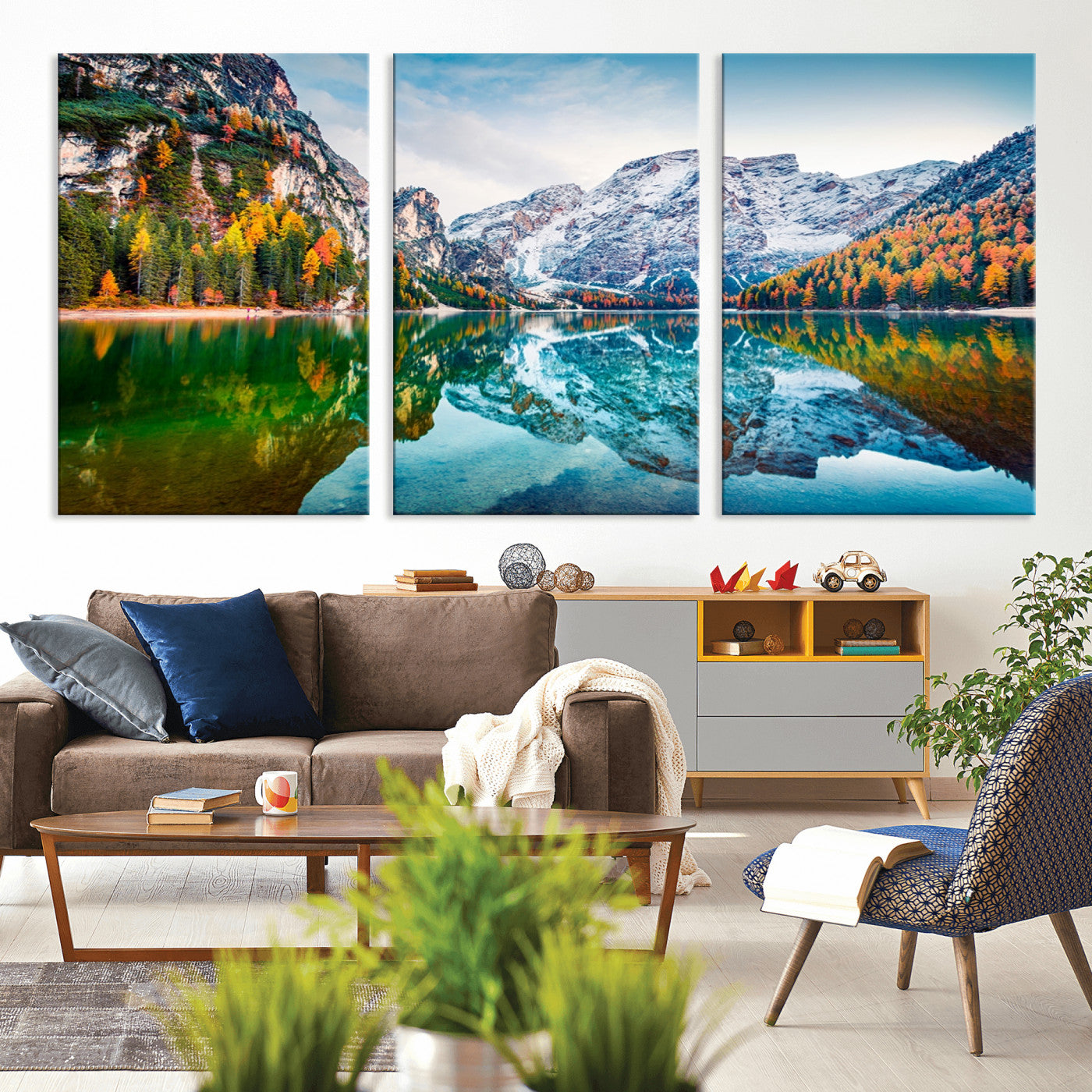 10402-MGV-CV-36X24-Snowy Mountain Lake Wall Art – Autumn Landscape Canvas Print with Reflection, Nature Decor for Living Room, Office, Bedroom or