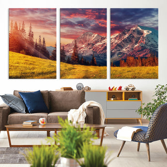 83947-MGV-CV-36X24-Sunset Mountain Landscape Wall Art – Panoramic Alpine Meadow and Snow Capped Peaks Canvas Print, Nature Scenic Decor for Home,
