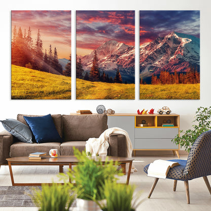 83947-MGV-CV-36X24-Sunset Mountain Landscape Wall Art – Panoramic Alpine Meadow and Snow Capped Peaks Canvas Print, Nature Scenic Decor for Home,