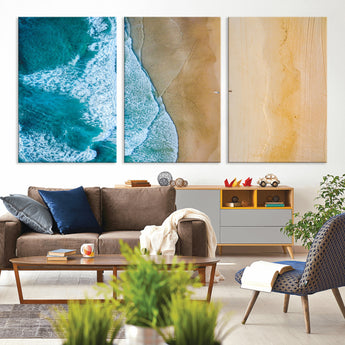 46640-MGV-CV-36X24-Aerial Beach Wall Art – Turquoise Waves and Golden Sand Canvas Print with Lone Surfer, Coastal Ocean Decor for Living Room,