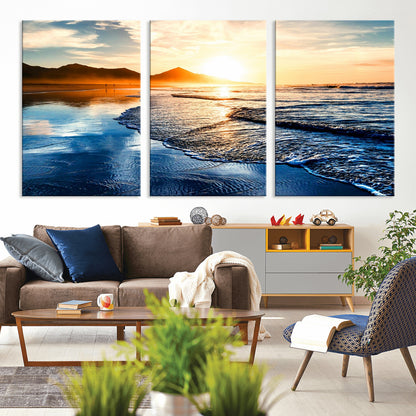 86173-MGV-CV-36X24-Golden Sunset Beach Wall Art – Reflective Ocean Canvas Print with Mountains and Waves, Coastal Nature Decor for Living Room,