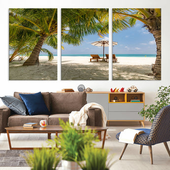 83601-MGV-CV-36X24-Tropical Beach Wall Art – Serene Palm Trees and Lounge Chairs Canvas Print, Relaxing Coastal Decor for Living Room, Bedroom or