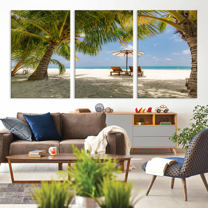 83601-MGV-CV-36X24-Tropical Beach Wall Art – Serene Palm Trees and Lounge Chairs Canvas Print, Relaxing Coastal Decor for Living Room, Bedroom or