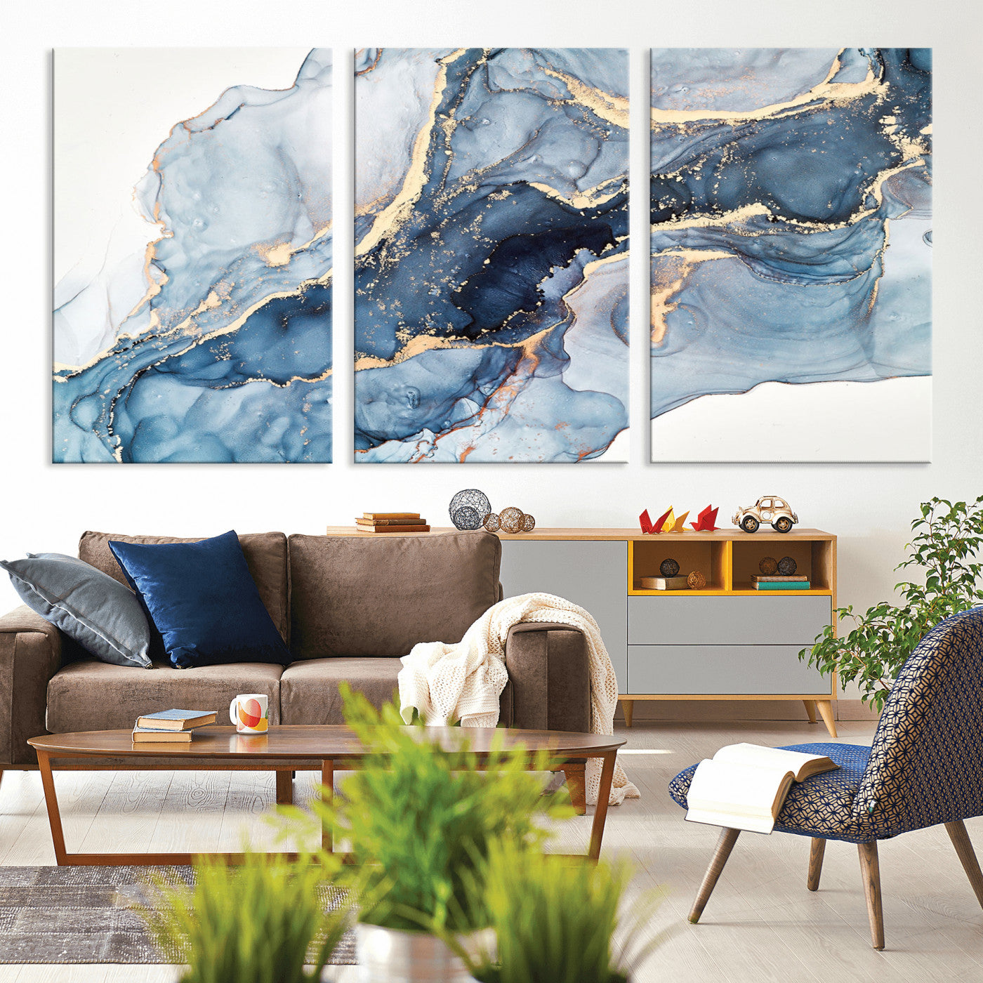 33782-MGV-CV-36X24-Abstract Marble Wall Art – Blue & Gold Fluid Painting Canvas Print, Modern Home Decor for Living Room, Bedroom or Office