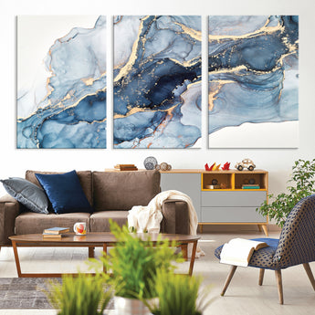 33782-MGV-CV-36X24-Abstract Marble Wall Art – Blue & Gold Fluid Painting Canvas Print, Modern Home Decor for Living Room, Bedroom or Office