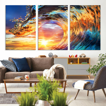 52890-MGV-CV-36X24-Surfing Wave Wall Art Canvas Print, Framed Sunset Ocean Art Picture Print, Ocean Wave Perfect Nautical Decor Artwork