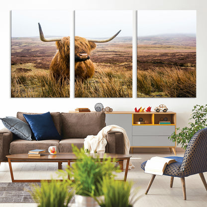79391-MGV-CV-36X24-Majestic Highland Cow in Misty Scottish Moorland – Rustic Natural Charm, Perfect for Unique Home or Office Decor