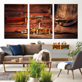 21266-MGV-CV-36X24-Pouring Whiskey into Glasses with Ice – Rustic Wooden Barrel Background, Warm Ambient Lighting, Ideal Decor for Home or Office