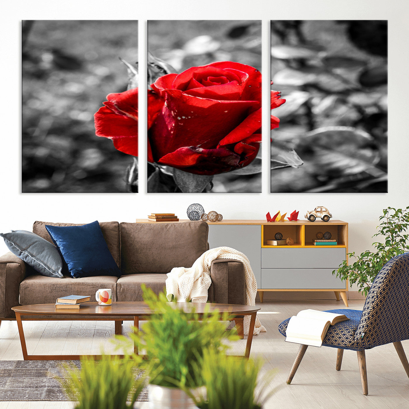 84671-MGV-CV-36X24-Red Rose Wall Art – Vibrant Single Bloom Canvas Print with Black and White Background, Elegant Floral Decor for Living Room,