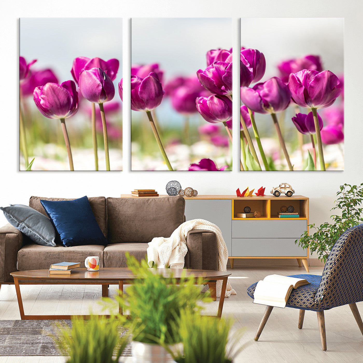 30632-MGV-CV-36X24-Purple Tulip Field Wall Art – Beautiful Spring Flowers Canvas Print with Soft Focus and Bright Sky, Ideal Floral Decor for Home or
