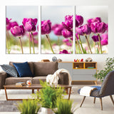 30632-MGV-CV-36X24-Purple Tulip Field Wall Art – Beautiful Spring Flowers Canvas Print with Soft Focus and Bright Sky, Ideal Floral Decor for Home or