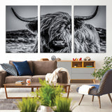 97372-MGV-CV-36X24-Elegant Highland Cow Wall Art – Black and White Canvas Print, Rustic Nature Decor for Home, Office, Living Room or Man Cave