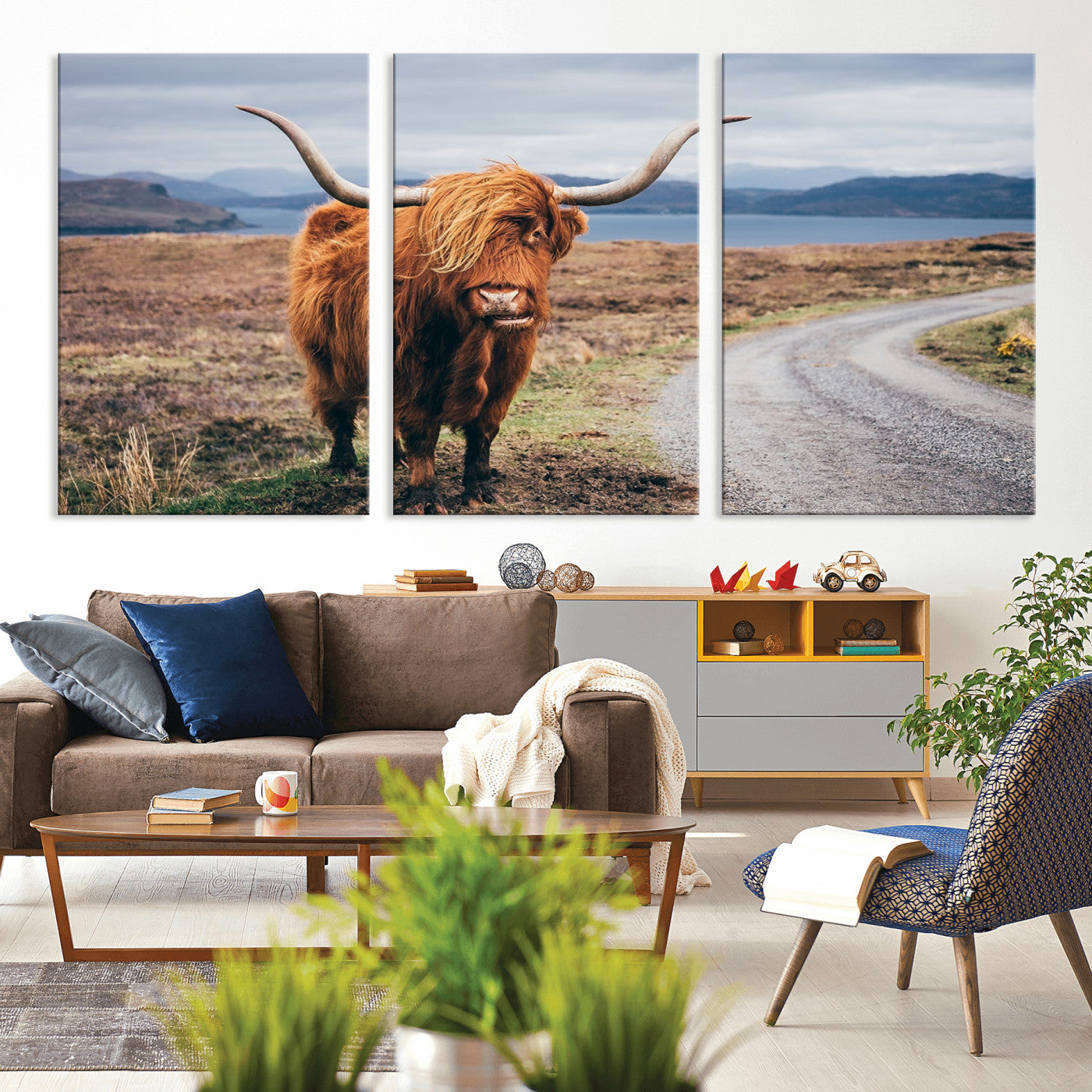 56121-MGV-CV-36X24-Rustic Highland Cow Wall Art – Panoramic Nature Canvas Print, Perfect Decor for Home, Office, Living Room or Man Cave