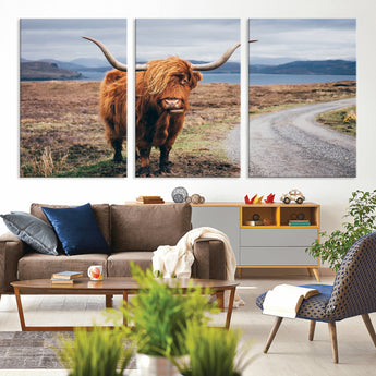 56121-MGV-CV-36X24-Rustic Highland Cow Wall Art – Panoramic Nature Canvas Print, Perfect Decor for Home, Office, Living Room or Man Cave