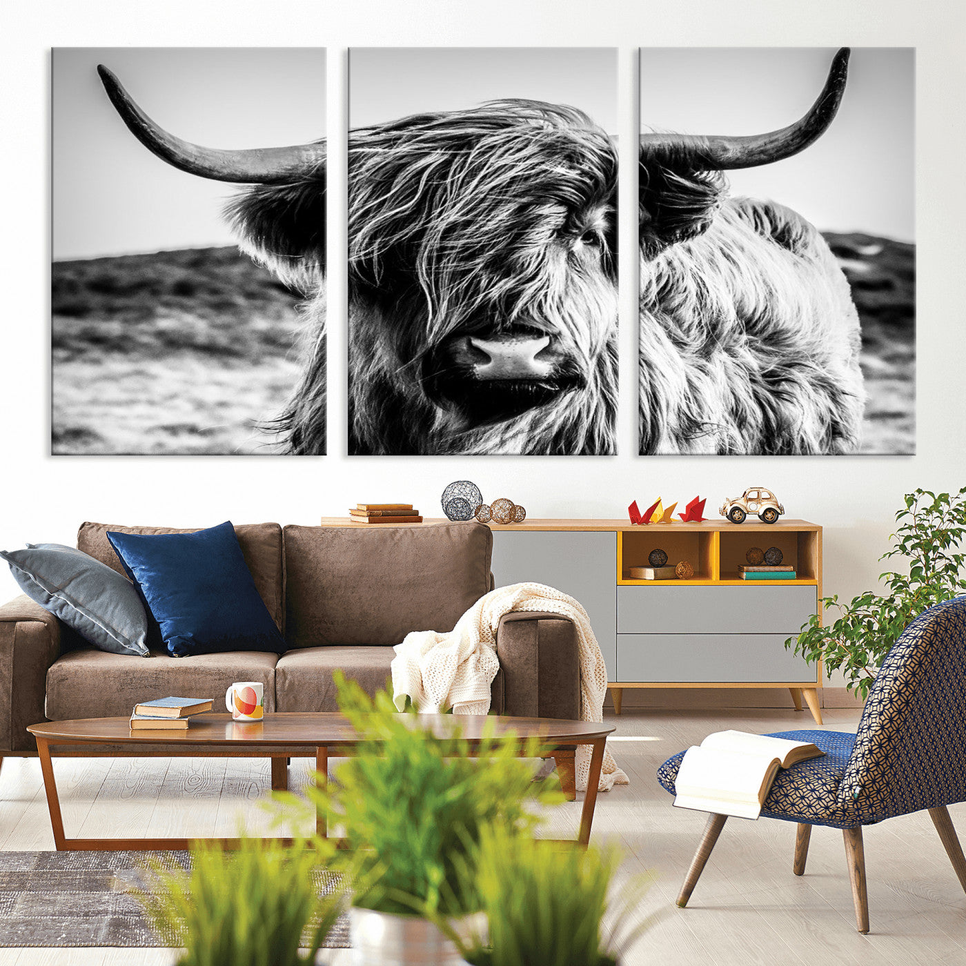 36979-MGV-CV-36X24-Striking black-and-white portrait of a Highland cow with flowing fur and majestic horns, perfect for rustic and elegant home or
