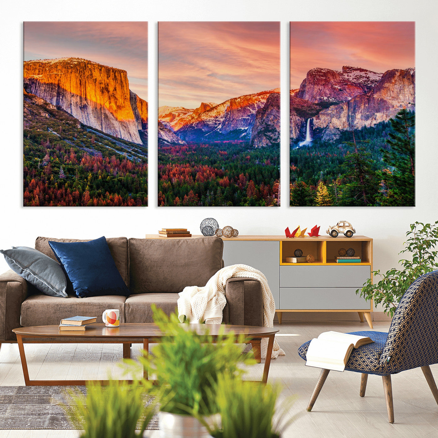 24519-MGV-CV-36X24-Yosemite Valley Sunset Wall Art – Majestic Mountain Landscape with Waterfall and Vibrant Sky, Nature Photography for Home or