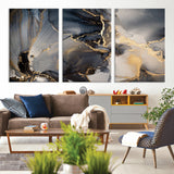 24068-MGV-CV-36X24-Luxury Abstract Wall Art – Gold & Gray Fluid Ink Painting Canvas, Modern Metallic Home Decor, Elegant Office or Living Room Accent