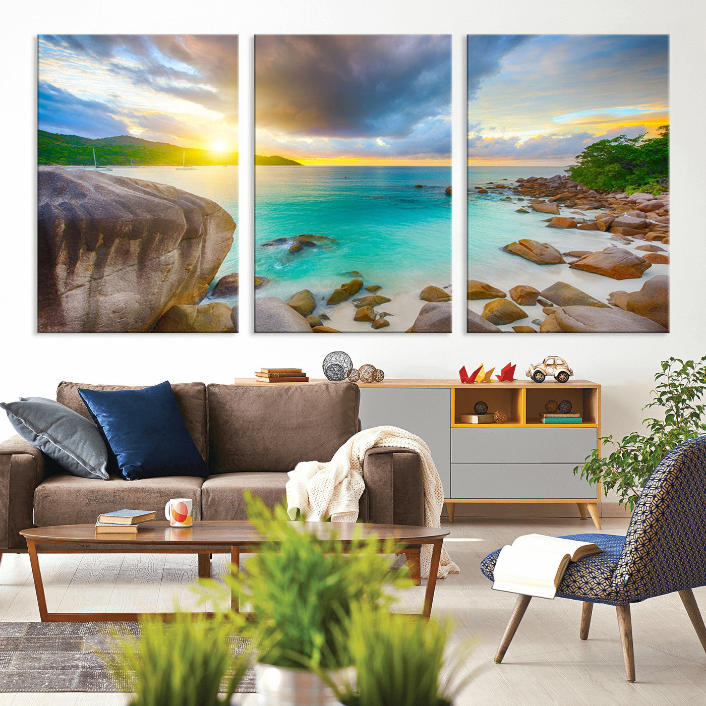 23769-MGV-CV-36X24-Tropical Beach Sunset Wall Art – Ocean Waves and Rocky Shore Canvas Print, Coastal Seascape Photography Decor