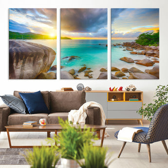 23769-MGV-CV-36X24-Tropical Beach Sunset Wall Art – Ocean Waves and Rocky Shore Canvas Print, Coastal Seascape Photography Decor