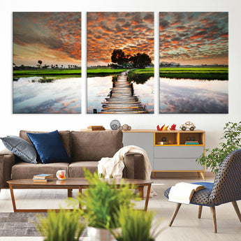 29105-MGV-CV-36X24-Rustic Wooden Bridge Wall Art – Scenic Sunset Over Rice Fields and Reflective Water Canvas Print, Nature Landscape Decor for