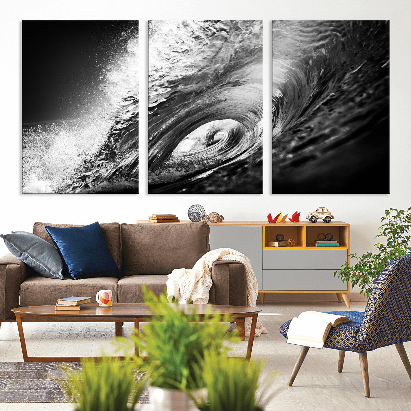22702-MGV-CV-36X24-Black and White Ocean Wave Wall Art – Powerful Surf Curl Photography Canvas Print, Modern Coastal Decor for Living Room, Office or