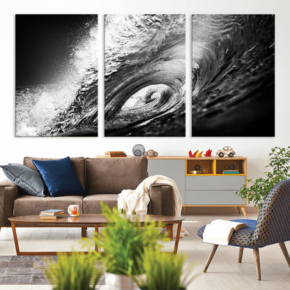 22702-MGV-CV-36X24-Black and White Ocean Wave Wall Art – Powerful Surf Curl Photography Canvas Print, Modern Coastal Decor for Living Room, Office or