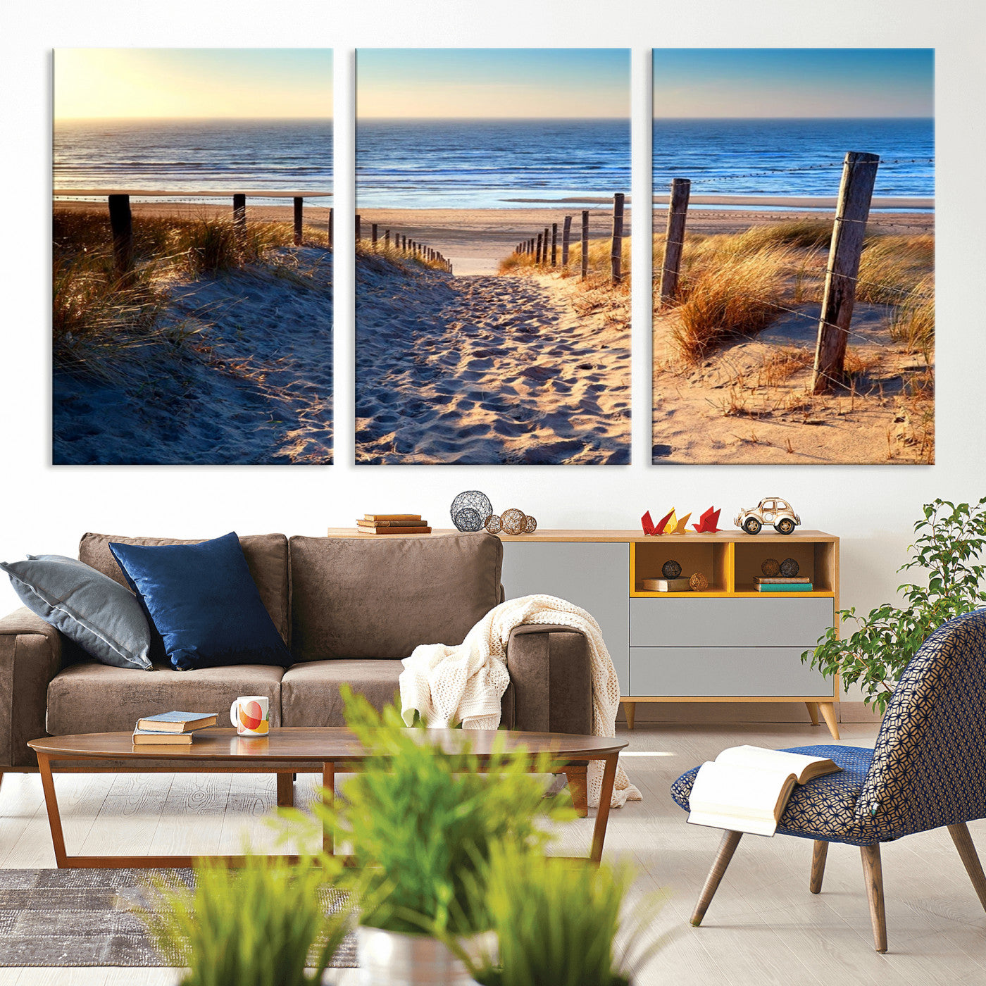 31889-MGV-CV-36X24-Sandy Beach Pathway Wall Art – Coastal Dune Fence and Ocean View Canvas Print, Relaxing Seaside Landscape Decor for Living Room or