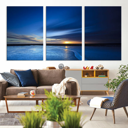 65405-MGV-CV-36X24-Blue Sunrise Seascape Wall Art – Tranquil Ocean Horizon Canvas Print with Golden Sunlight and Deep Sky, Coastal Landscape Decor