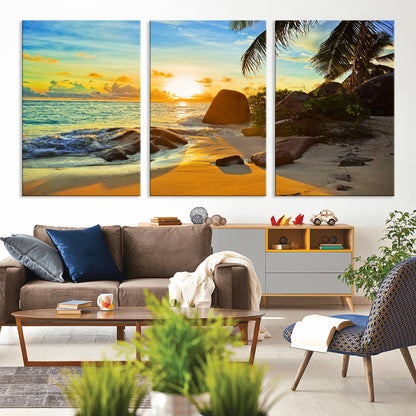 26181-MGV-CV-36X24-Golden Tropical Sunset Beach Wall Art – Ocean Canvas Print with Palm Trees and Rocks, Coastal Paradise Decor for Living Room or