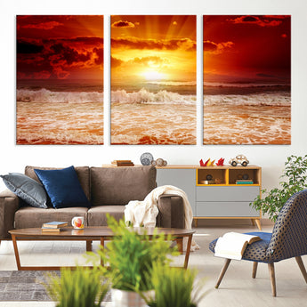 60211-MGV-CV-36X24-Fiery Sunset Ocean Waves Canvas Print – Vibrant Red & Orange Coastal Wall Art, Dramatic Seascape Decor