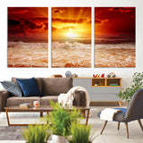 60211-MGV-CV-36X24-Fiery Sunset Ocean Wall Art – Red Sky Seascape Canvas Print with Waves, Bold Coastal Sunset Decor for Living Room or Bedroom