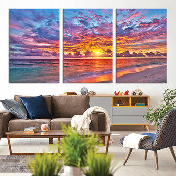 72836-MGV-CV-36X24-Fiery Sunset Beach Wall Art – Panoramic Vibrant Ocean Canvas Print, Dramatic Coastal Decor for Living Room, Bedroom or Office