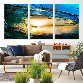 19378-MGV-CV-36X24-Ocean Wave Sunset Wall Art – Vibrant Surf and Golden Horizon Canvas Print, Coastal Seascape Photography for Living Room, Bedroom,