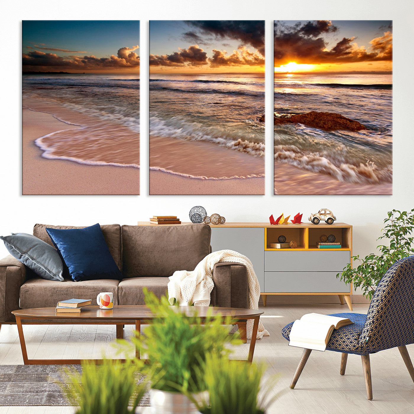 80979-MGV-CV-36X24-Golden Sunrise Beach Wall Art – Ocean Waves and Sandy Shore Canvas Print, Coastal Sunset Photography Artwork for Living Room,
