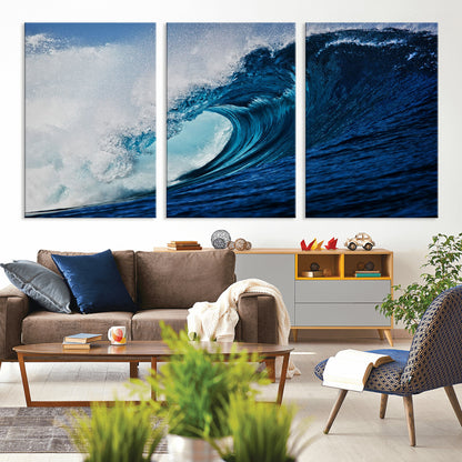 89502-MGV-CV-36X24-Powerful Ocean Wave Wall Art – Panoramic Blue Sea Wave Canvas Print, Coastal Surf Photography Artwork for Living Room, Bedroom, or
