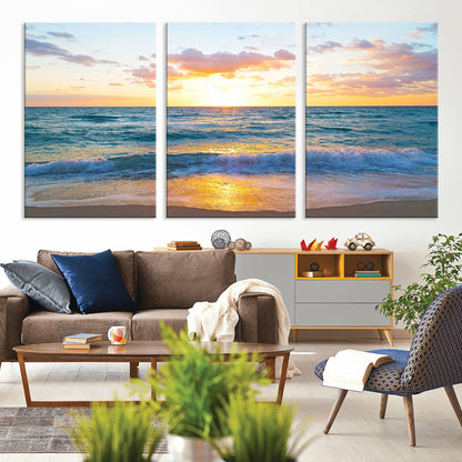 78006-MGV-CV-36X24-Golden Sunrise Ocean Wall Art – Panoramic Beach Waves Canvas Print, Coastal Seascape Artwork for Living Room, Bedroom, Office, or