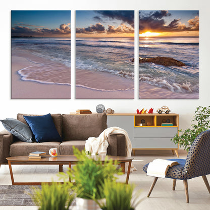 94906-MGV-CV-36X24-Sunrise Beach Wall Art – Panoramic Ocean Waves Canvas Print, Coastal Sunset Seascape Artwork for Living Room, Bedroom, or Office