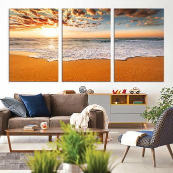 15399-MGV-CV-36X24-Golden Sunrise Beach Wall Art – Ocean Waves on Sandy Shore Canvas Print, Coastal Seascape Decor for Living Room or Bedroom