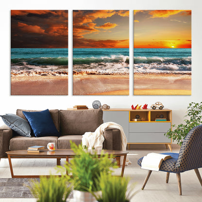 72948-MGV-CV-36X24-Ocean Sunset Wave Wall Art – Dramatic Seascape Canvas Print with Golden Sky and Crashing Waves, Coastal Beach Decor for Living