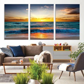 50627-MGV-CV-36X24-Ocean Sunset Wall Art – Serene Beach Canvas Print with Waves and Golden Sky, Coastal Decor for Living Room or Office