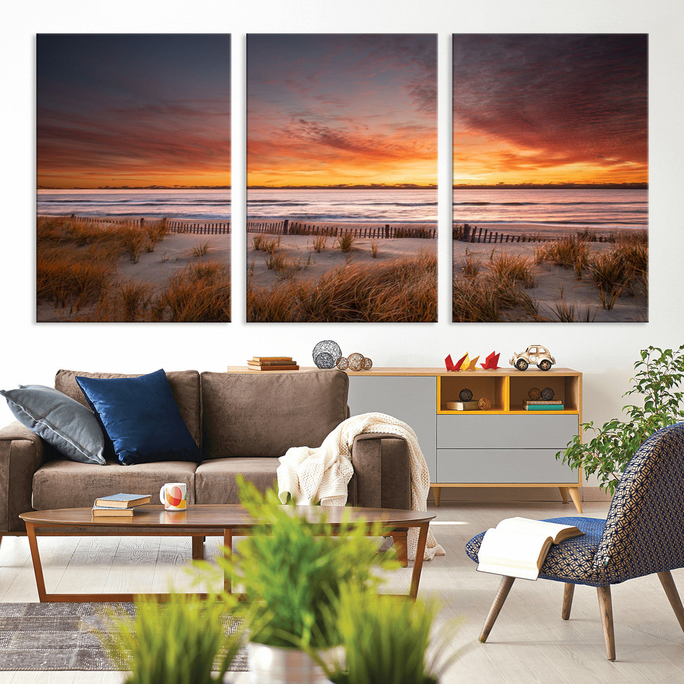 90176-MGV-CV-36X24-Beach Sunset Wall Art – Coastal Sand Dune Canvas Print with Ocean Waves and Dramatic Sky, Seaside Landscape Decor for Living Room