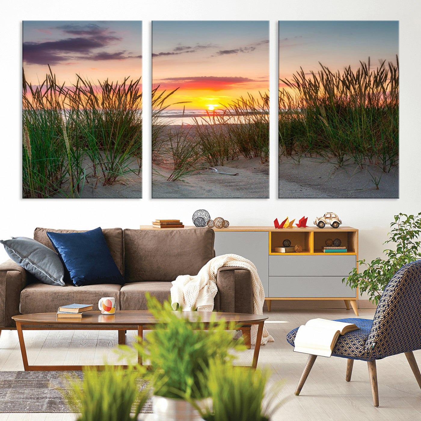 25576-MGV-CV-36X24-Beach Grass Sunset Wall Art – Coastal Sand Dune Landscape Canvas Print, Ocean View Nature Decor for Living Room or Office Wall
