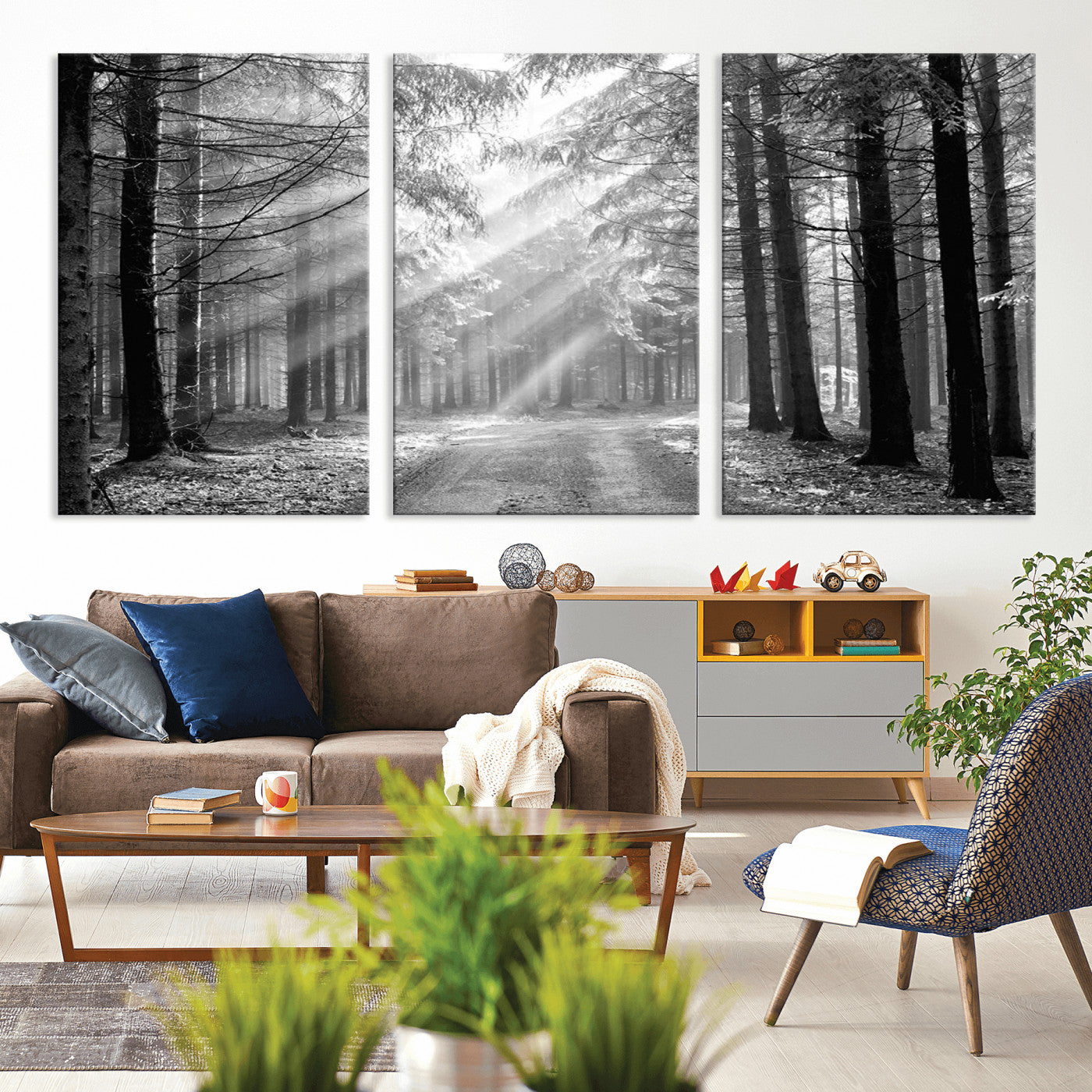 39665-MGV-CV-36X24-Black and White Forest Path Wall Art – Sunlight Rays in Trees Canvas Print, Nature Landscape Decor for Living Room