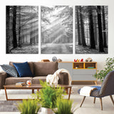 39665-MGV-CV-36X24-Black and White Forest Path Wall Art – Sunlight Rays in Trees Canvas Print, Nature Landscape Decor for Living Room