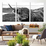 83810-MGV-CV-36X24-Highland Cow Wall Art – Black and White Highland Cattle Print, Rustic Farmhouse Animal Decor for Living Room or Office