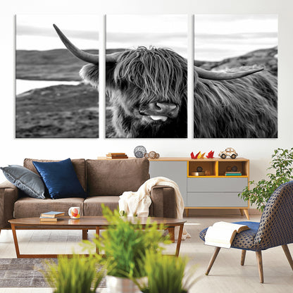 83810-MGV-CV-36X24-Highland Cow Wall Art – Black and White Highland Cattle Print, Rustic Farmhouse Animal Decor for Living Room