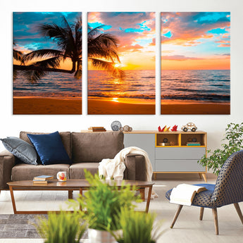 34674-MGV-CV-36X24-Tropical Sunset Beach Wall Art – Palm Tree Ocean Canvas Print, Coastal Seascape Decor for Living Room or Office Wall