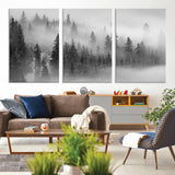 57235-MGV-CV-36X24-Misty Pine Forest Wall Art – Black and White Mountain Landscape Canvas Print, Nature Woodland Decor for Living Room, Bedroom or