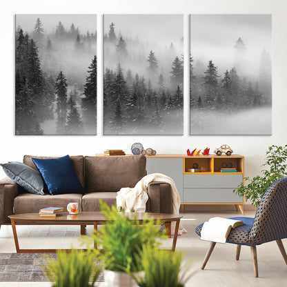 57235-MGV-CV-36X24-Misty Pine Forest Wall Art – Black and White Mountain Landscape Canvas Print, Nature Woodland Decor for Living Room, Bedroom or
